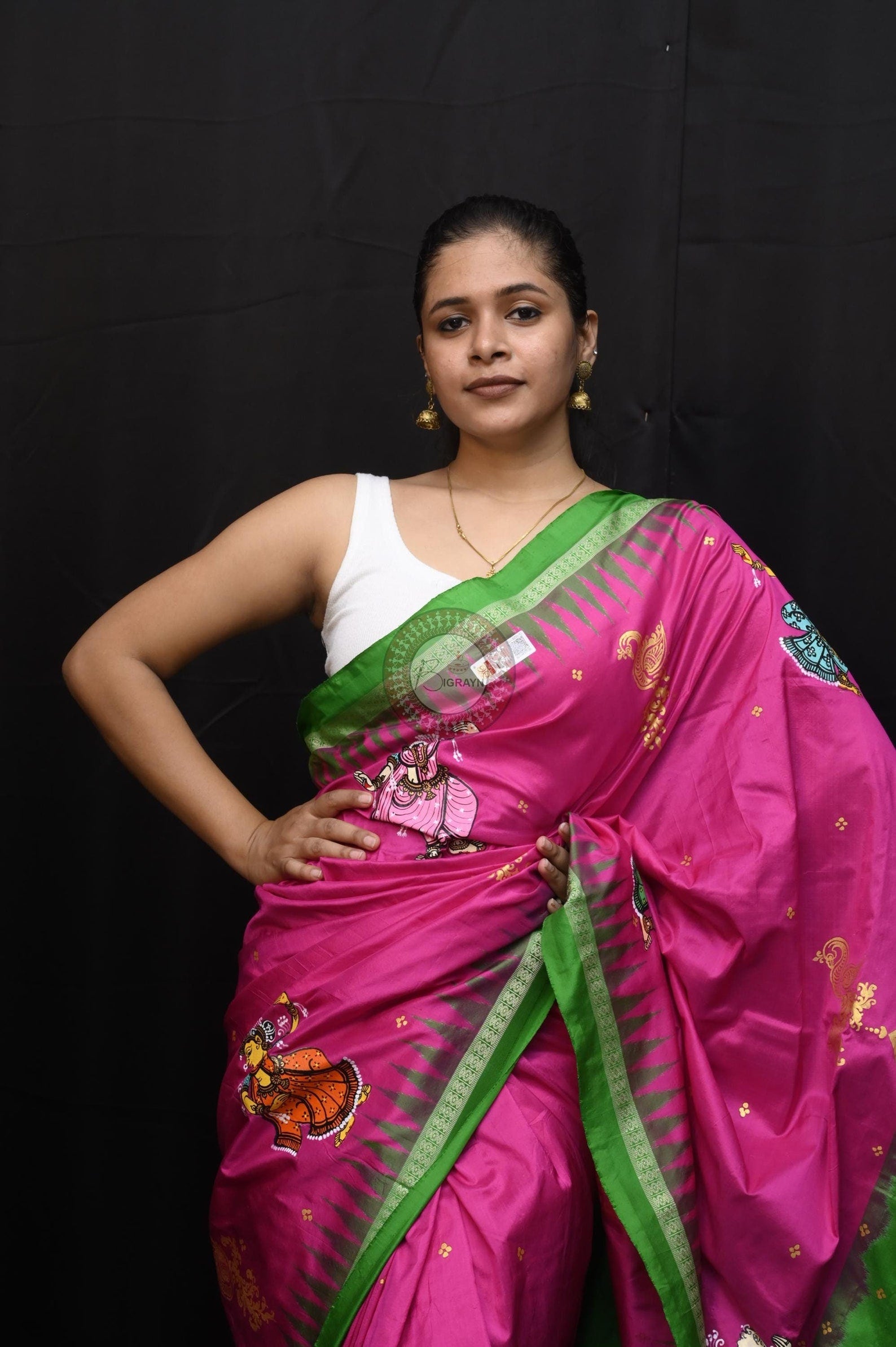 Magenta Green Half Circle Theme Pattachitra Sambalpuri Silk Saree