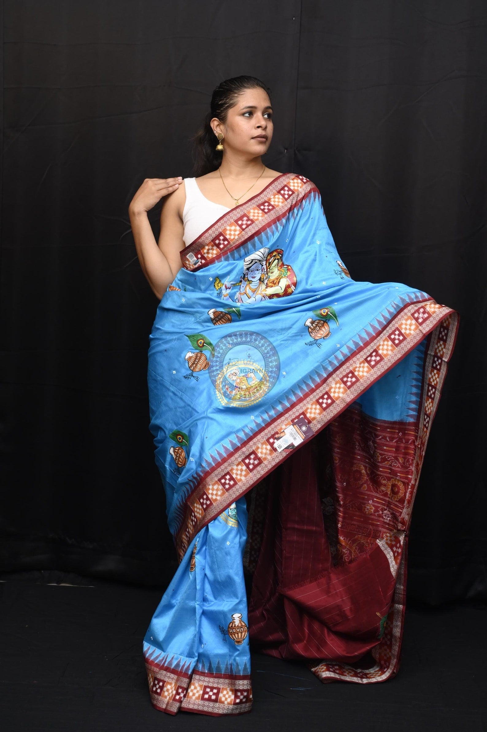 Copper Sulphate Maroon Adrushya Banshi Theme Pattachitra Sambalpuri Silk Saree