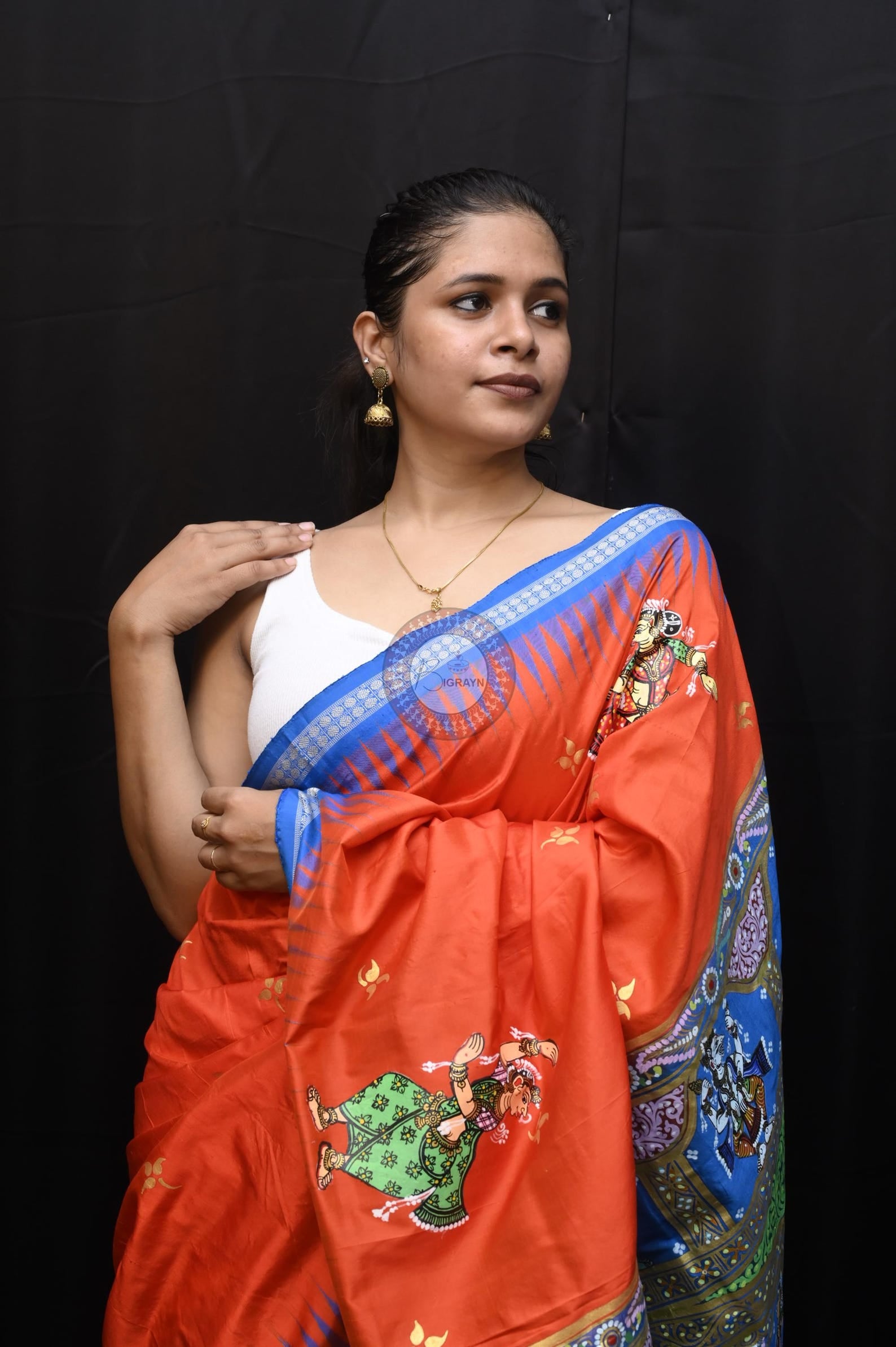 Orange Blue Dash Avatara Theme Pattachitra Sambalpuri Silk Saree