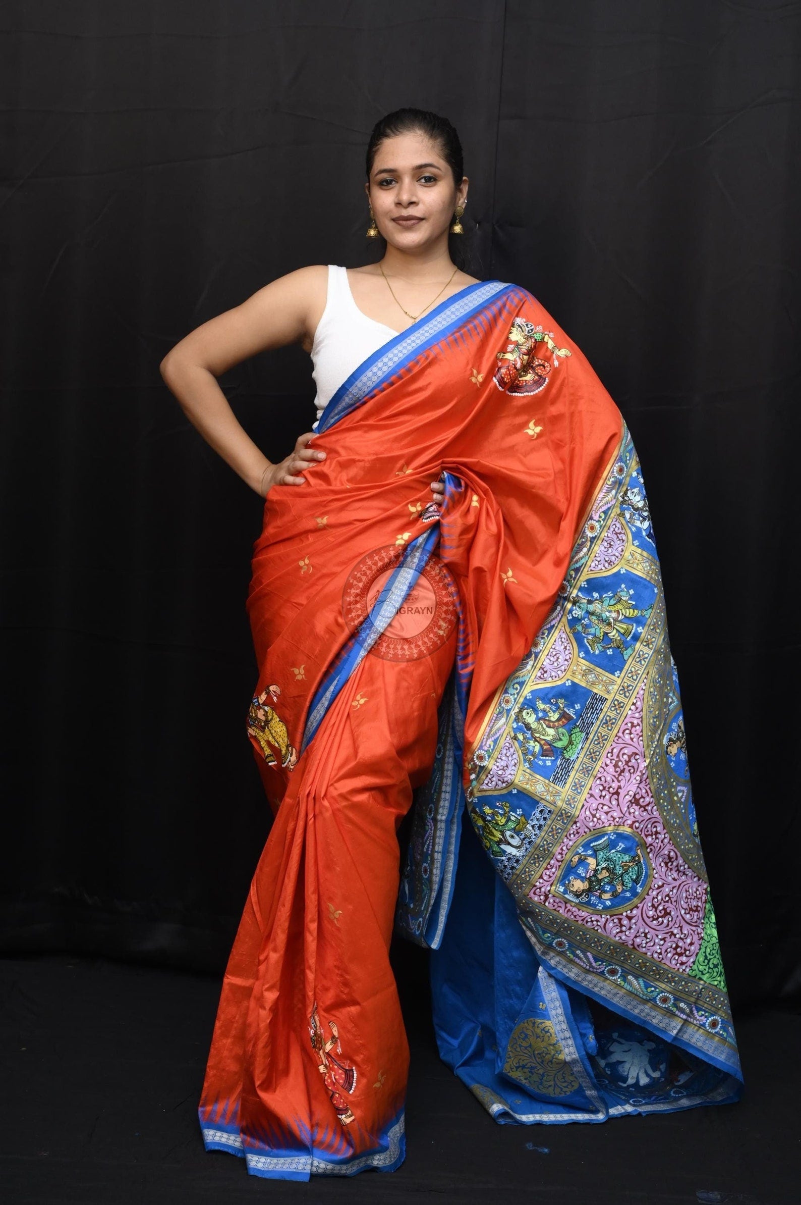 Orange Blue Dash Avatara Theme Pattachitra Sambalpuri Silk Saree