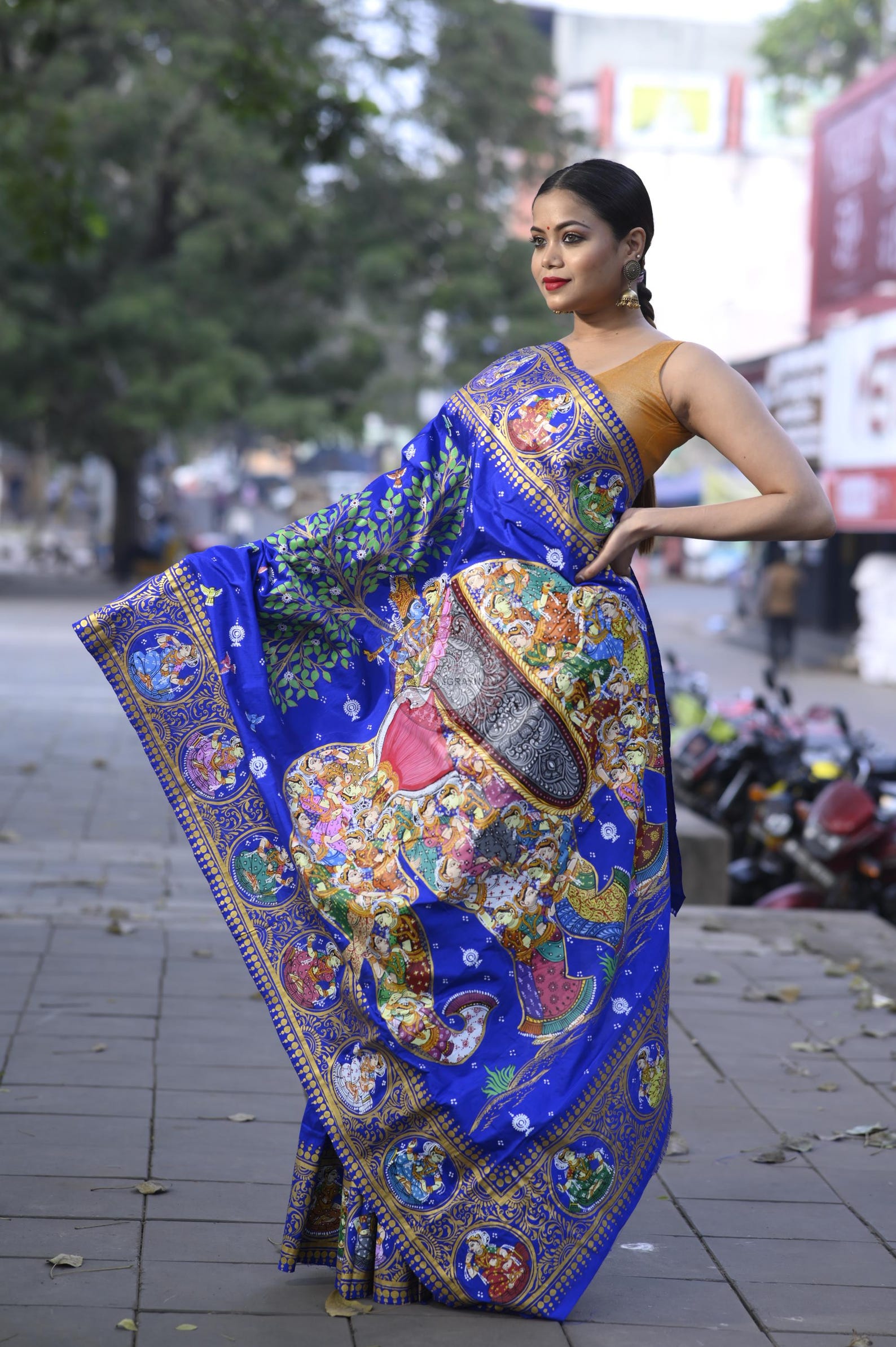 Blue Multi Colour Kandarp Elephant Theme Pattachitra Sambalpuri Silk Saree