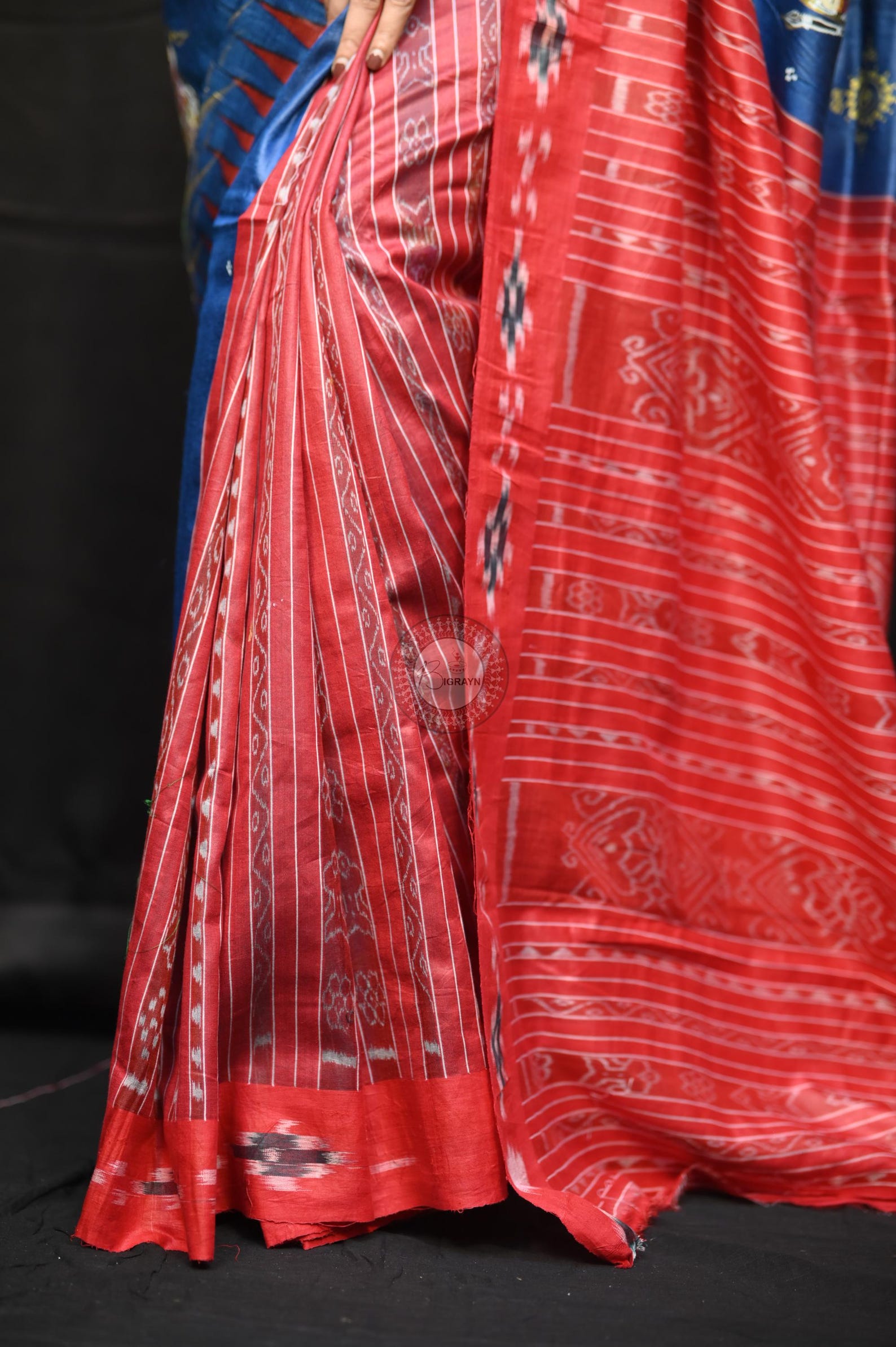 Teal Blue Red 7 Figure Kandarpa Hasti Pattachitra Partly Fine Tussar Silk Saree