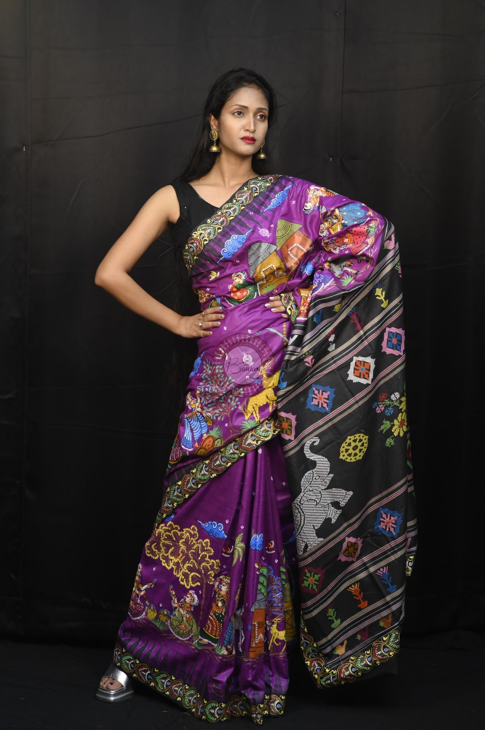 Purple Black Full Body Village Theme Pattachitra Fine Tussar Silk Saree