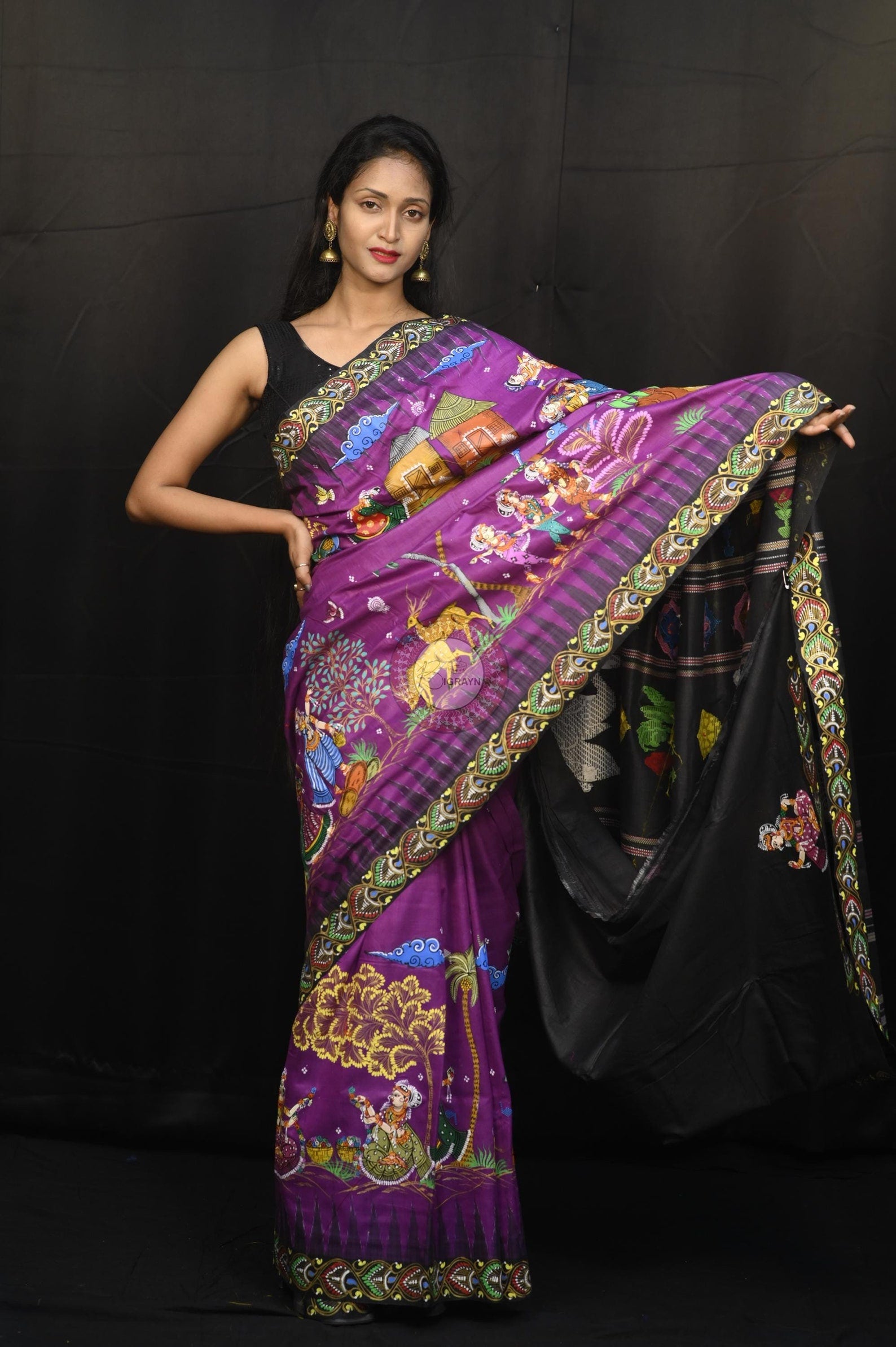 Purple Black Full Body Village Theme Pattachitra Fine Tussar Silk Saree