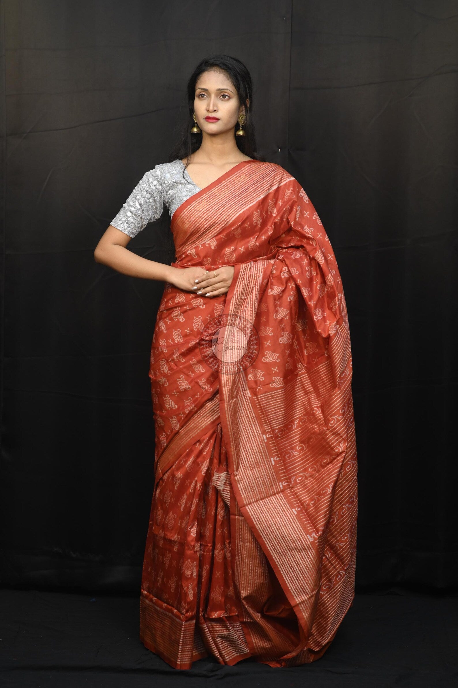 Red Ikat Design Natural Dye Sambalpuri Silk Saree
