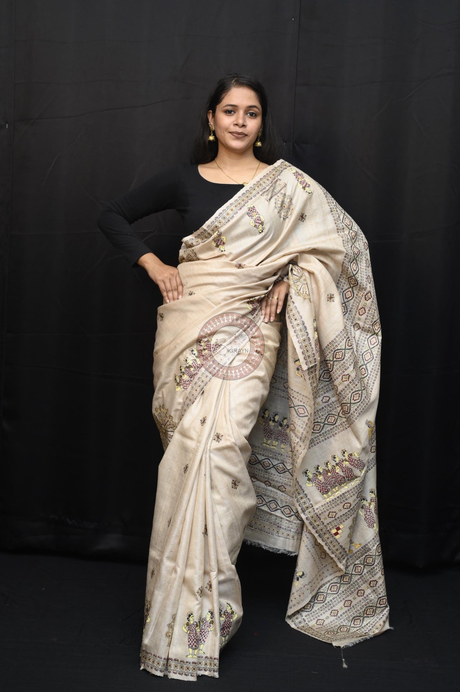 Tussar Colour Sambalpuri Dance Theme Pattachitra Fine Tussar Silk Saree