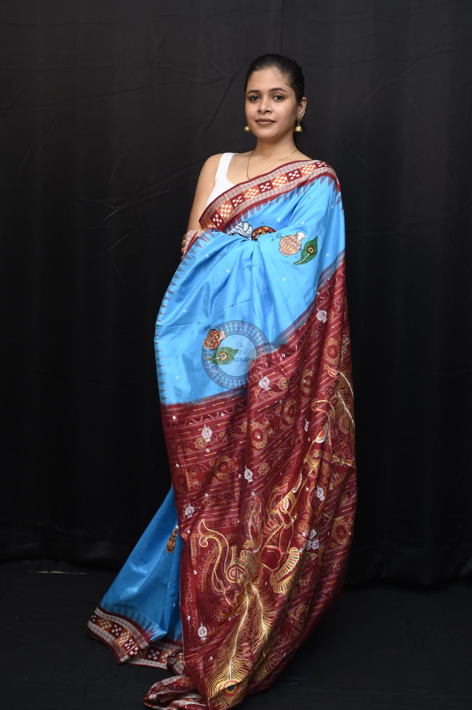 Copper Sulphate Maroon Adrushya Banshi Theme Pattachitra Sambalpuri Silk Saree