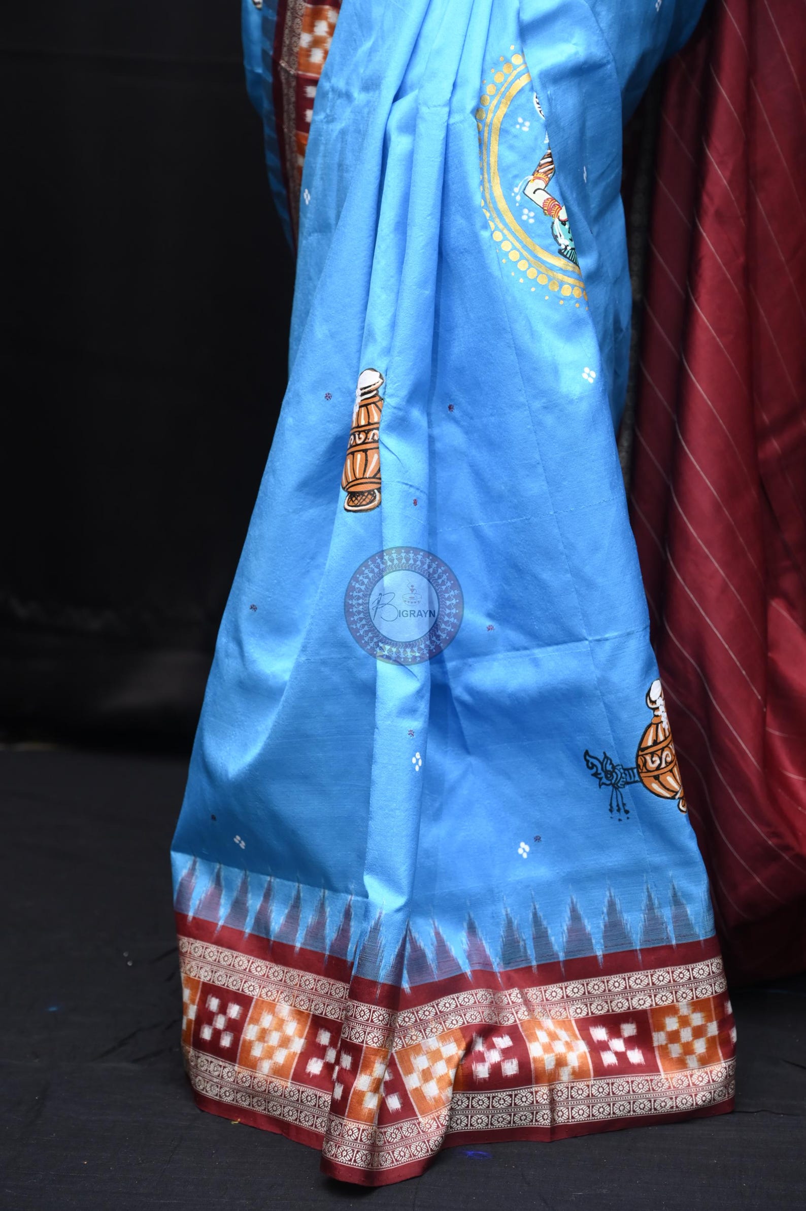 Copper Sulphate Maroon Adrushya Banshi Theme Pattachitra Sambalpuri Silk Saree