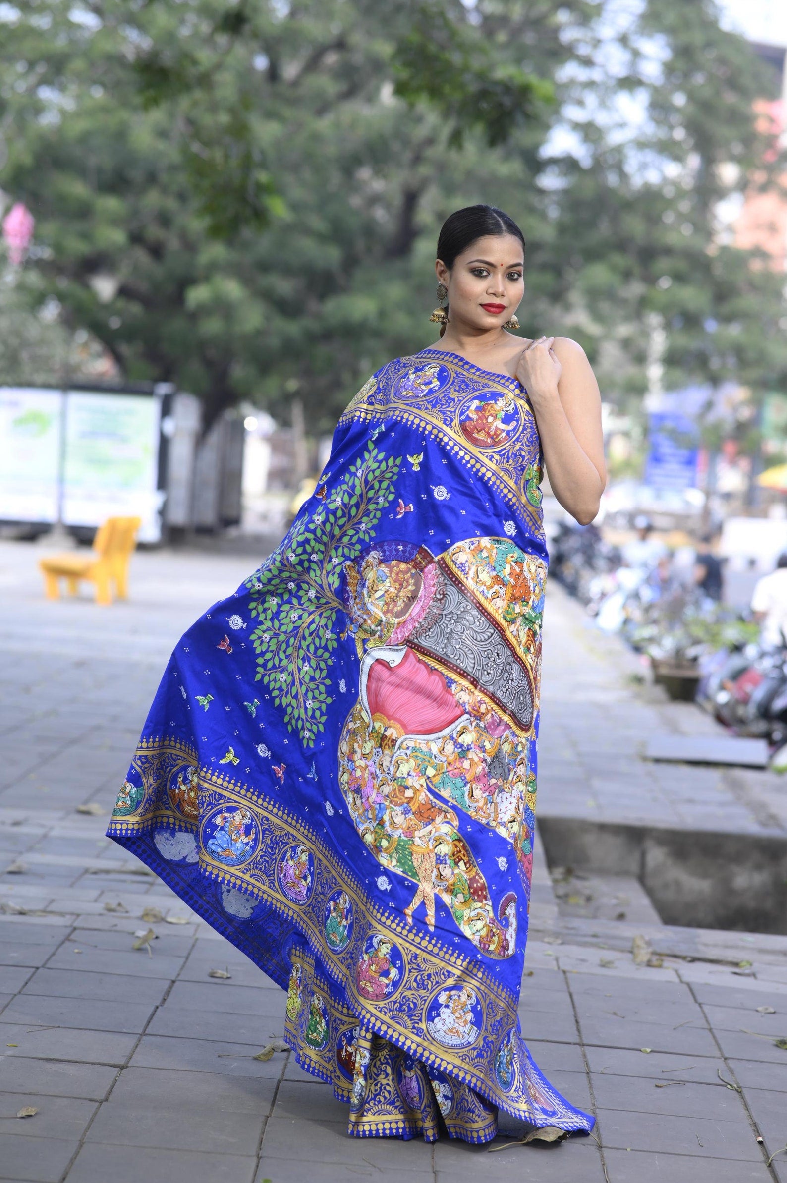 Blue Multi Colour Kandarp Elephant Theme Pattachitra Sambalpuri Silk Saree