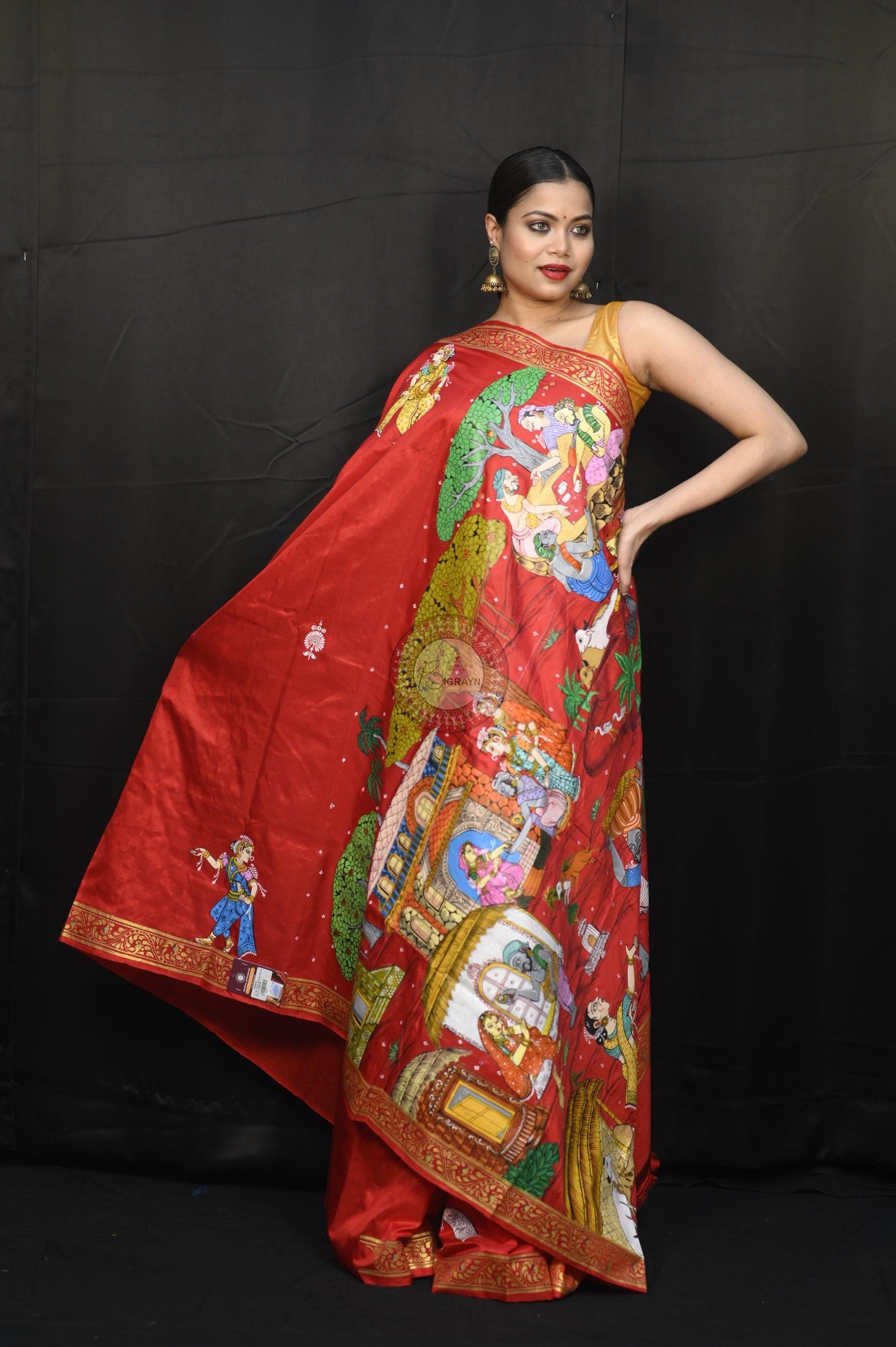 Red Budha Sankhari Story Theme Pattachitra Sambalpuri Silk Saree