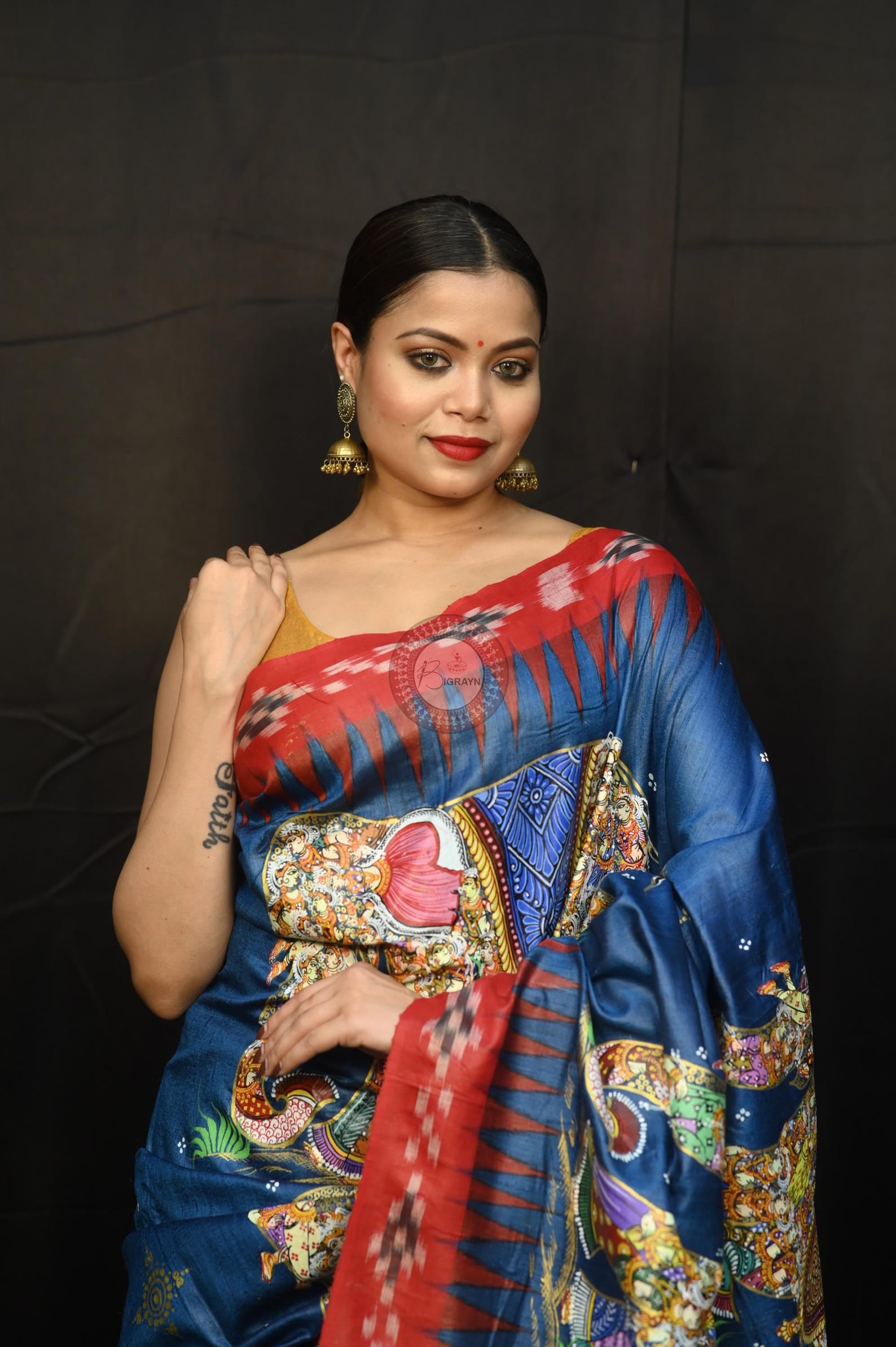 Teal Blue Red 7 Figure Kandarpa Hasti Pattachitra Partly Fine Tussar Silk Saree