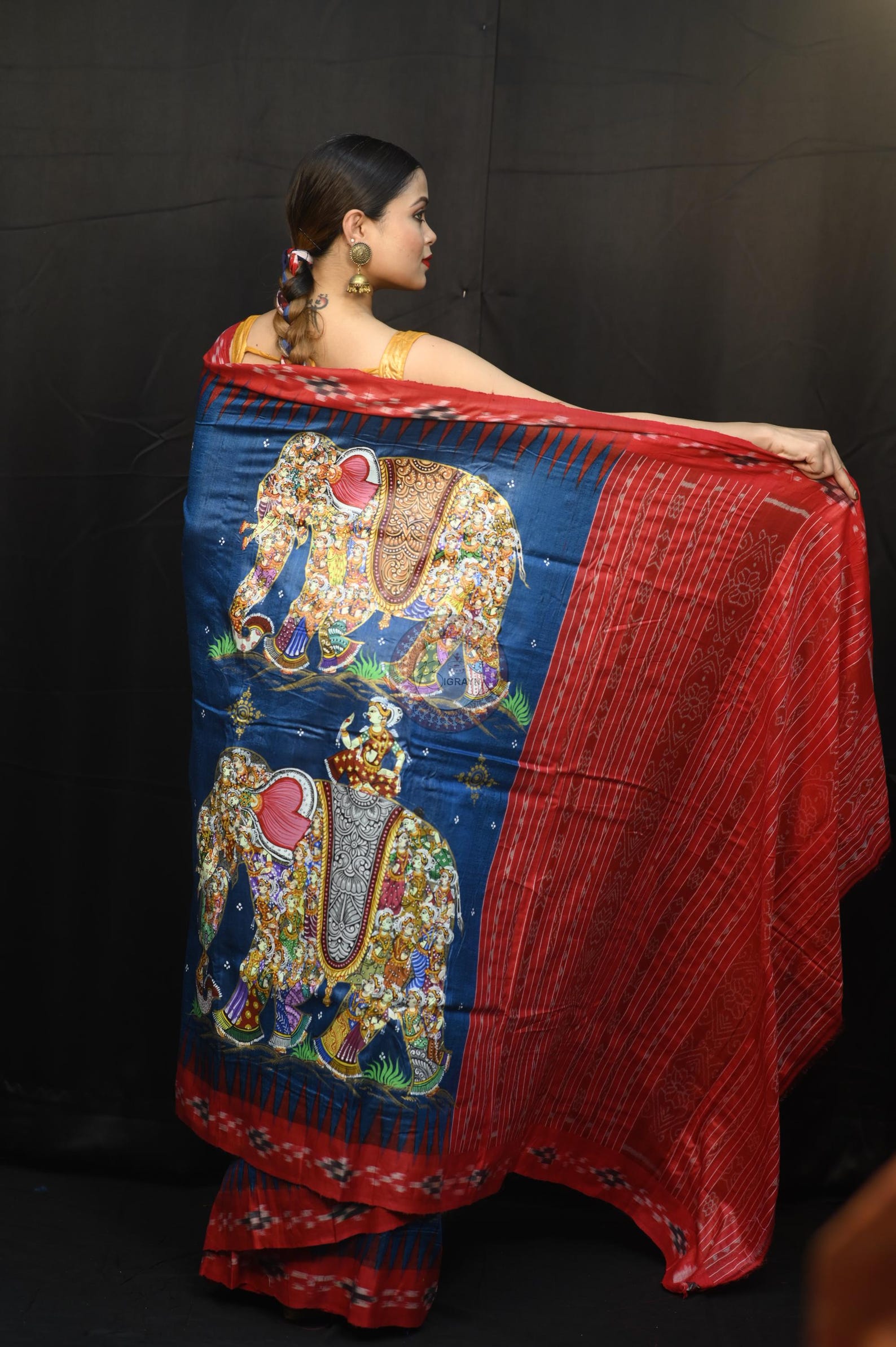 Teal Blue Red 7 Figure Kandarpa Hasti Pattachitra Partly Fine Tussar Silk Saree