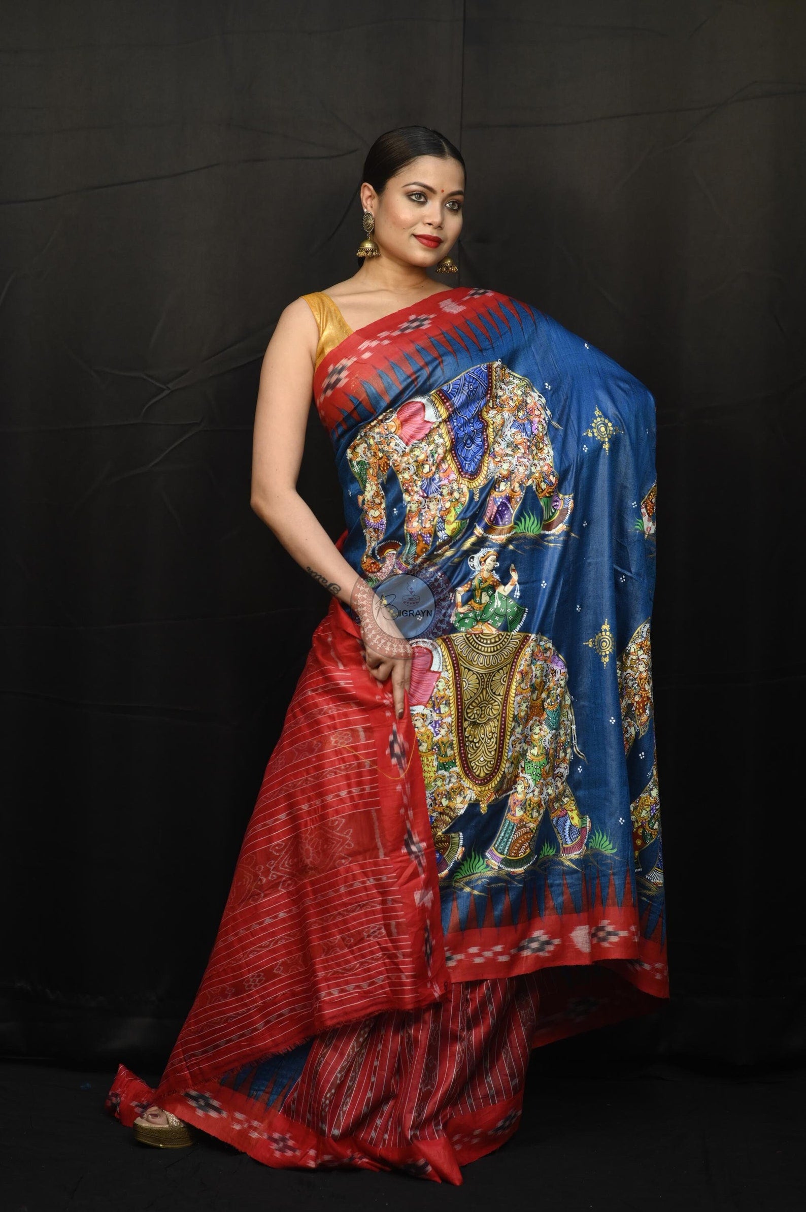 Teal Blue Red 7 Figure Kandarpa Hasti Pattachitra Partly Fine Tussar Silk Saree