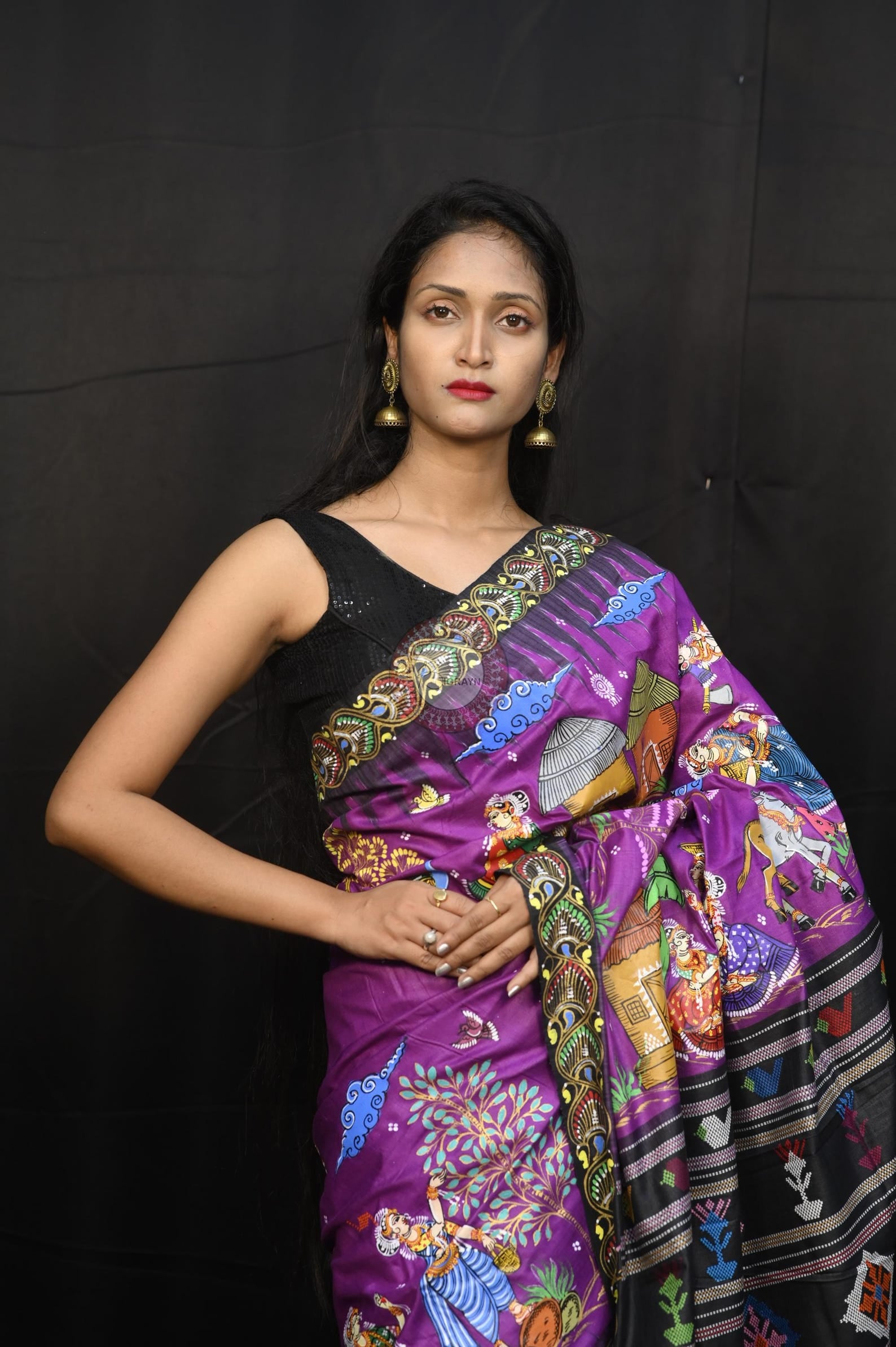 Purple Black Full Body Village Theme Pattachitra Fine Tussar Silk Saree