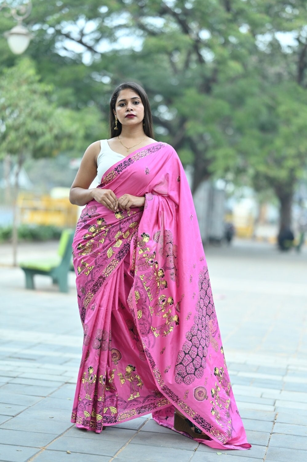 Pink Ponds Trees Pattachitra Pure Silk saree