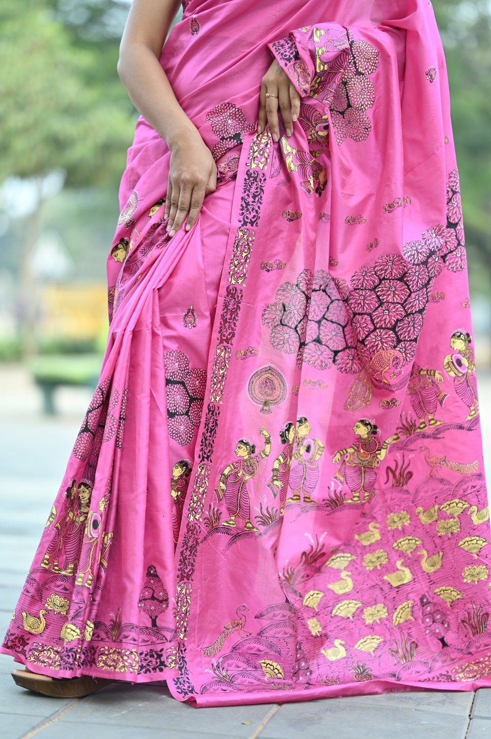 Pink Ponds Trees Pattachitra Pure Silk saree