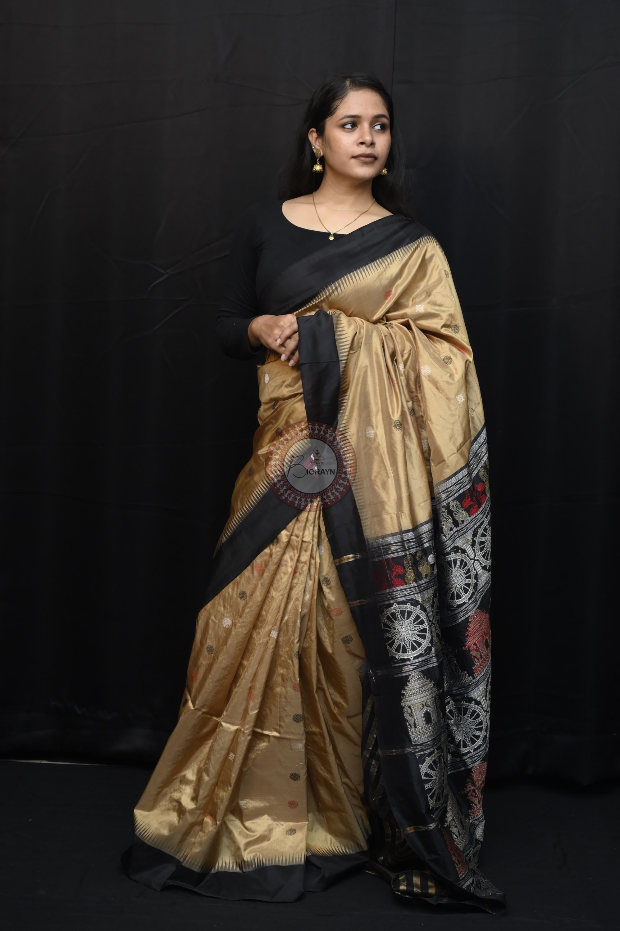 Light Golden Black Konark Temple Chakra Sambalpuri Exclusive Silk Saree