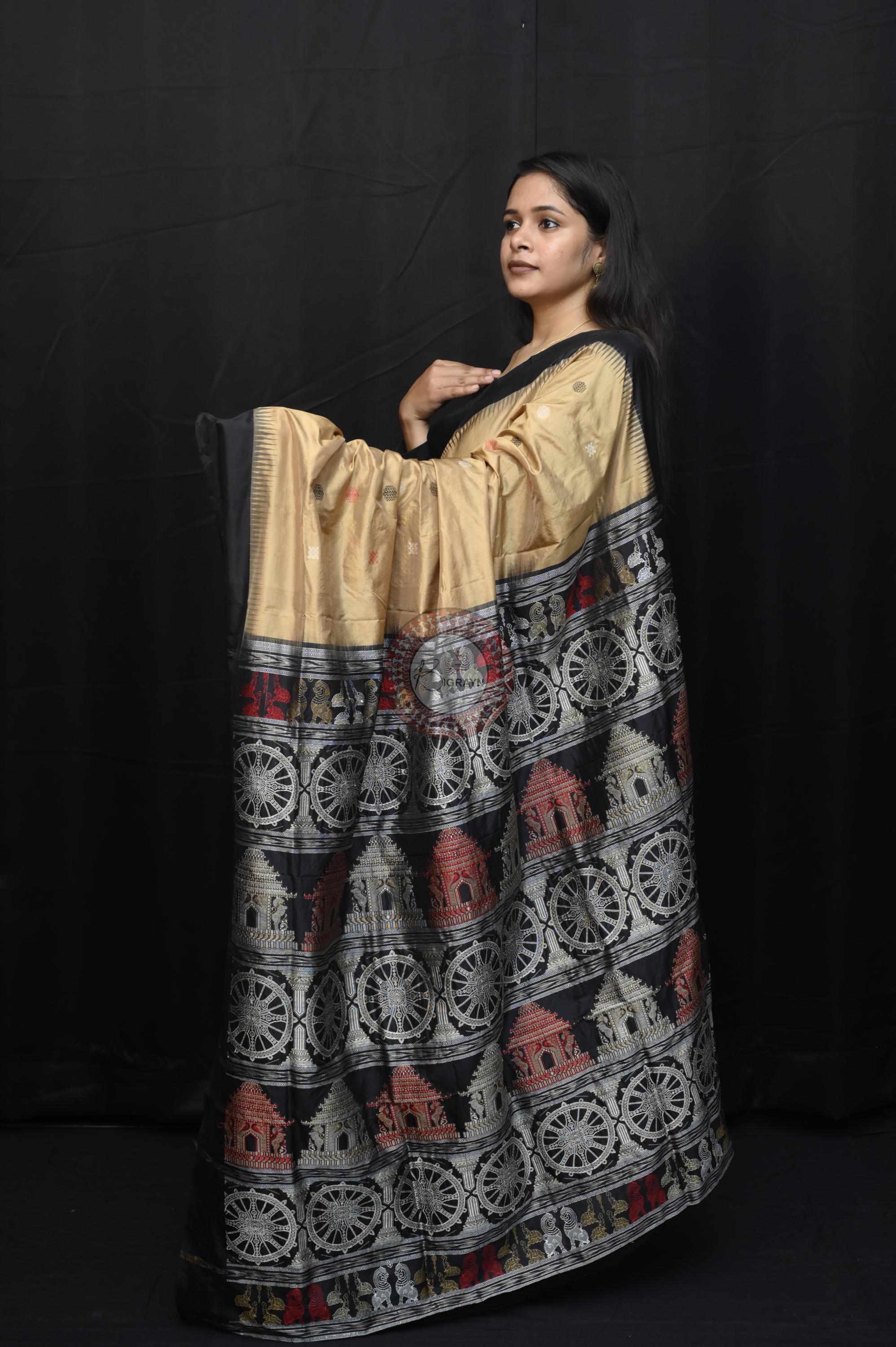 Light Golden Black Konark Temple Chakra Sambalpuri Exclusive Silk Saree
