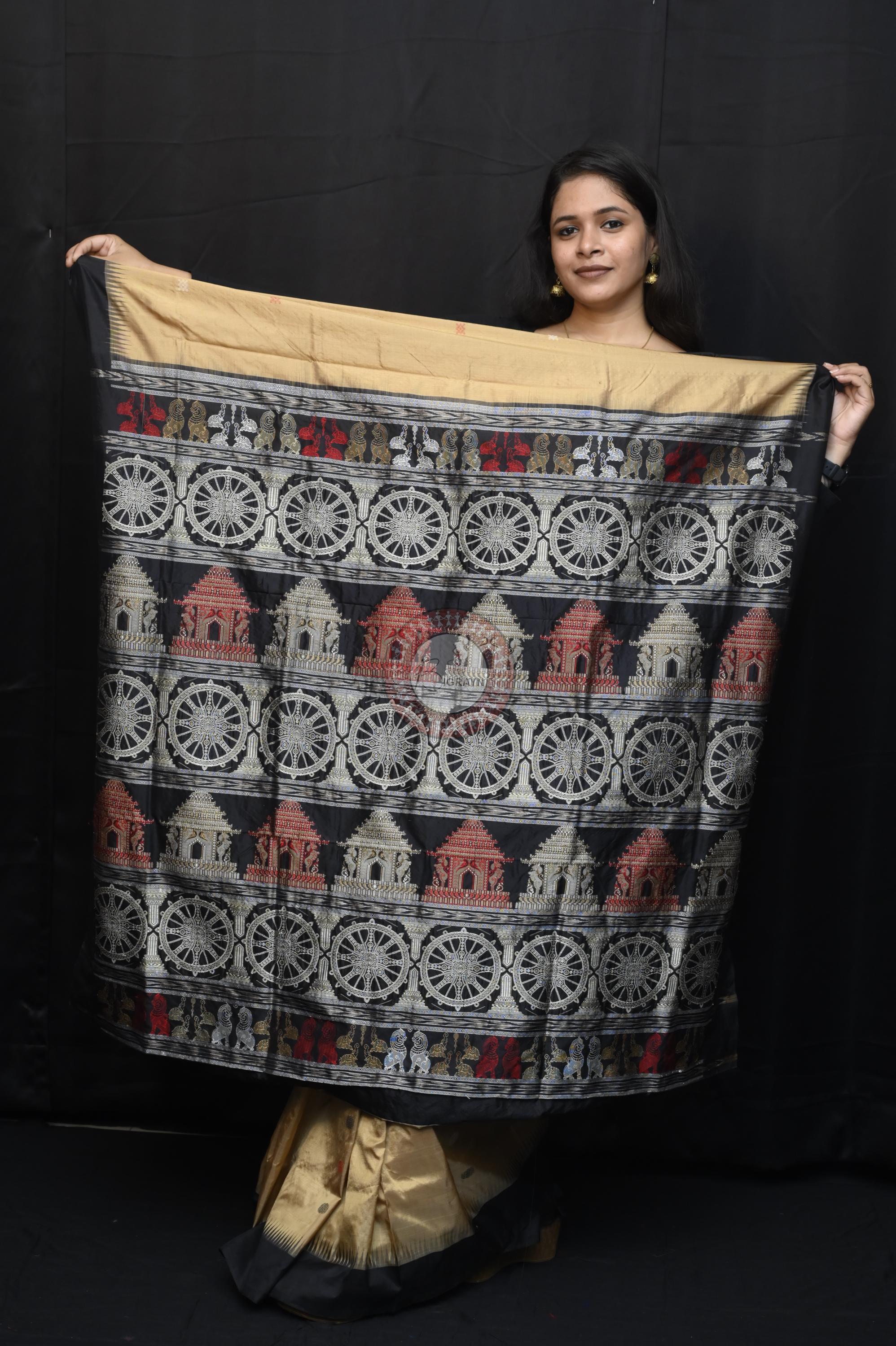 Light Golden Black Konark Temple Chakra Sambalpuri Exclusive Silk Saree