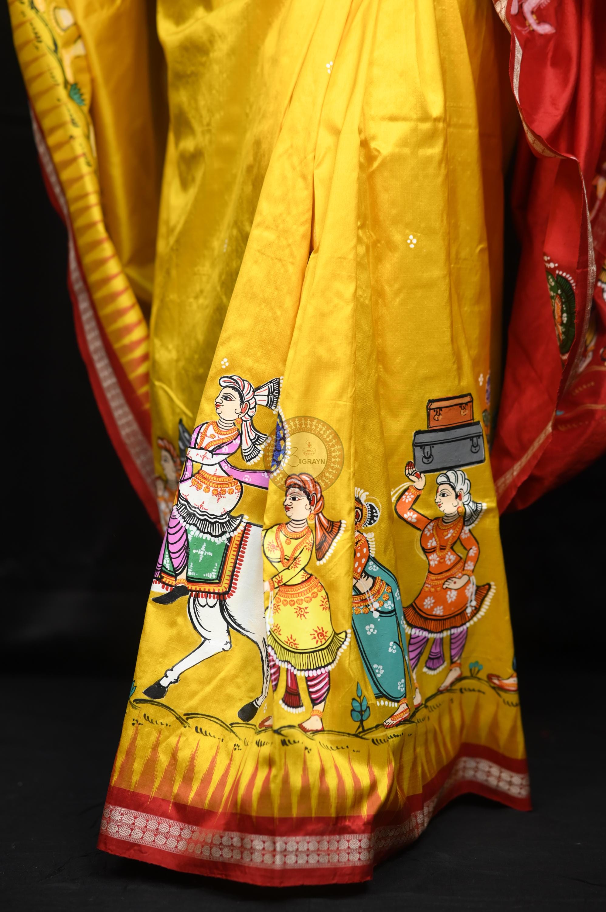 Yellow Red Marriage Theme Pattachitra Sambalpuri Silk Saree