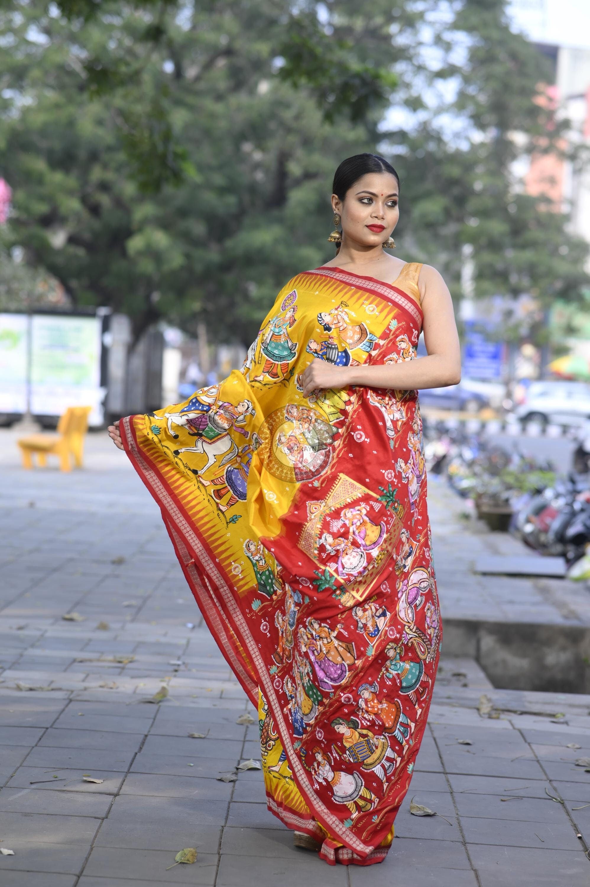 Yellow Red Marriage Theme Pattachitra Sambalpuri Silk Saree