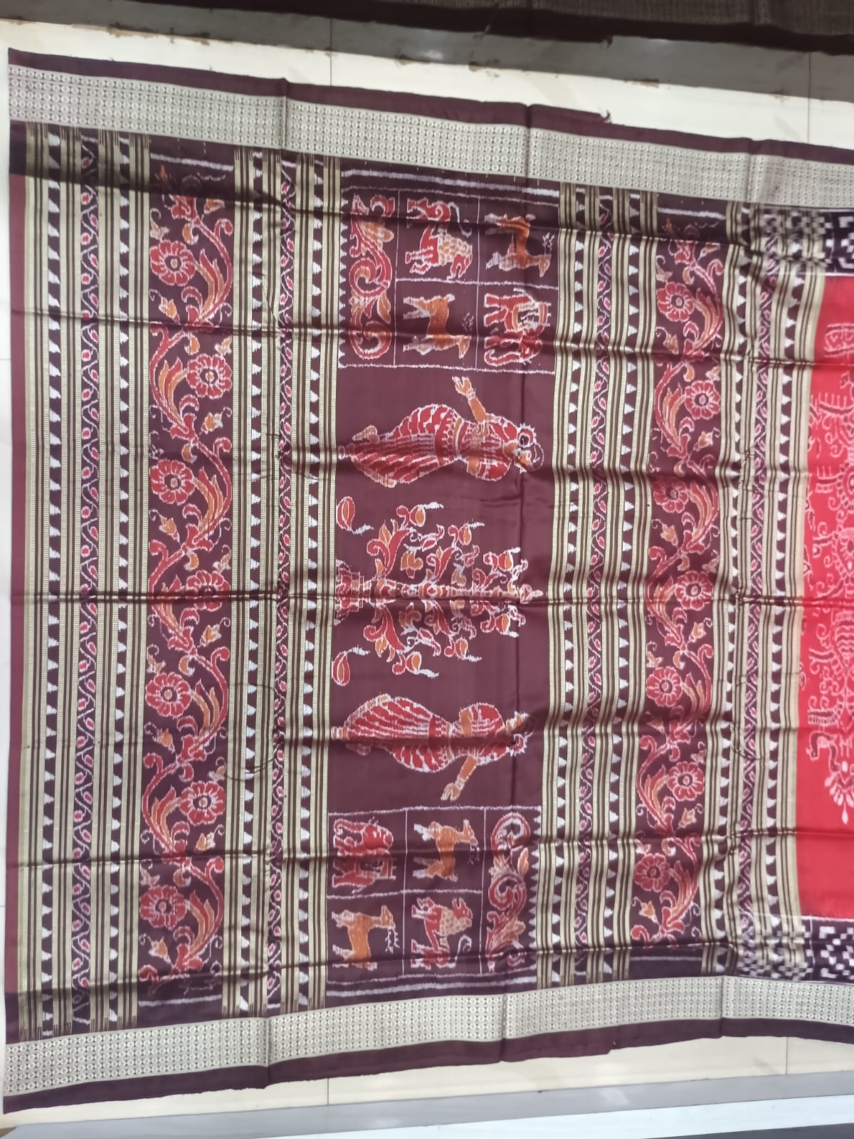 Rust Red and Chocolate Brown Handwoven Sambalpuri Bomkai Silk Saree with Tree of Life & Dance Motifs
