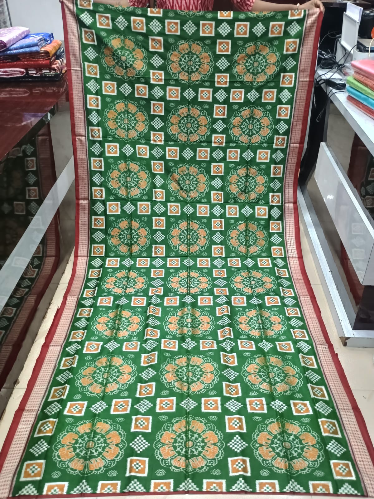 Parrot Green and Brick Red Handwoven Sambalpuri Vichitrapuri Half-Tissue Silk Saree