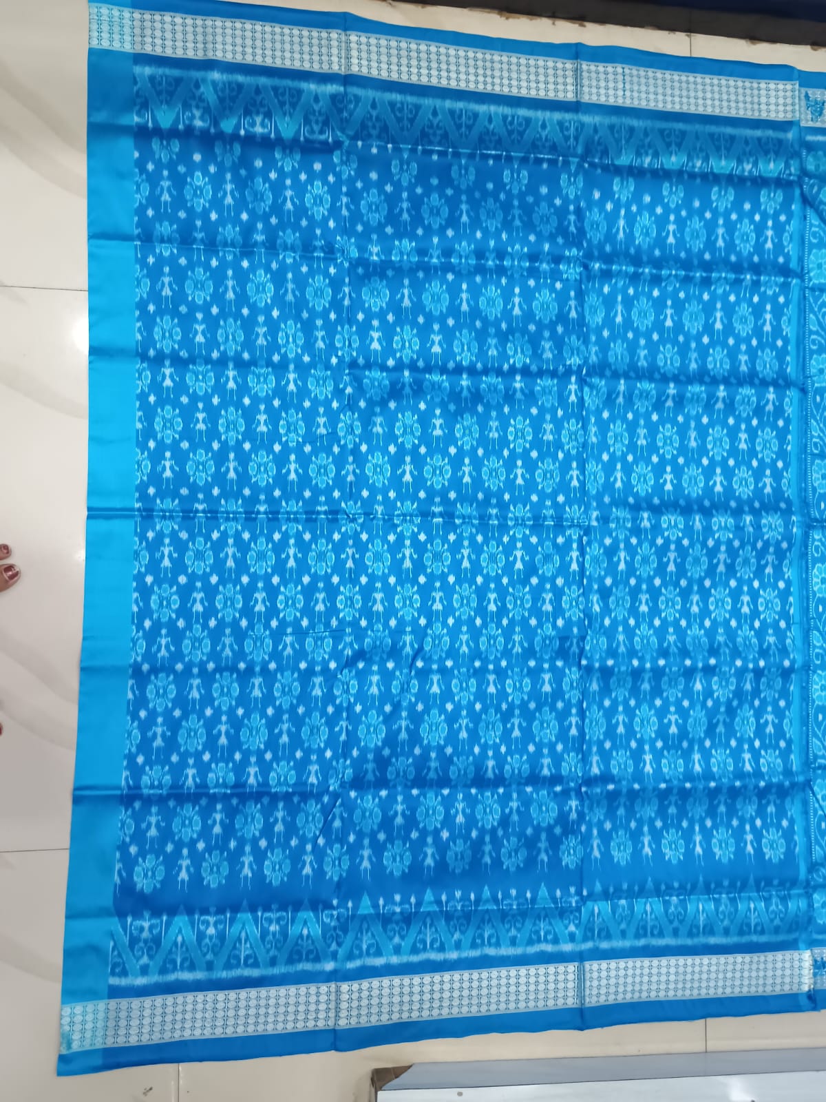 Sky Blue and Cyan Blue Handwoven Sambalpuri Bomkai Silk Saree with Rani Pink Accents