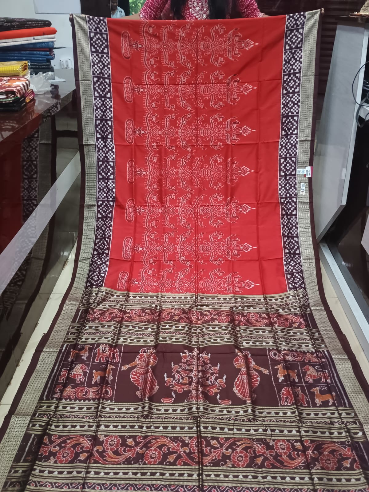 Rust Red and Chocolate Brown Handwoven Sambalpuri Bomkai Silk Saree with Tree of Life & Dance Motifs