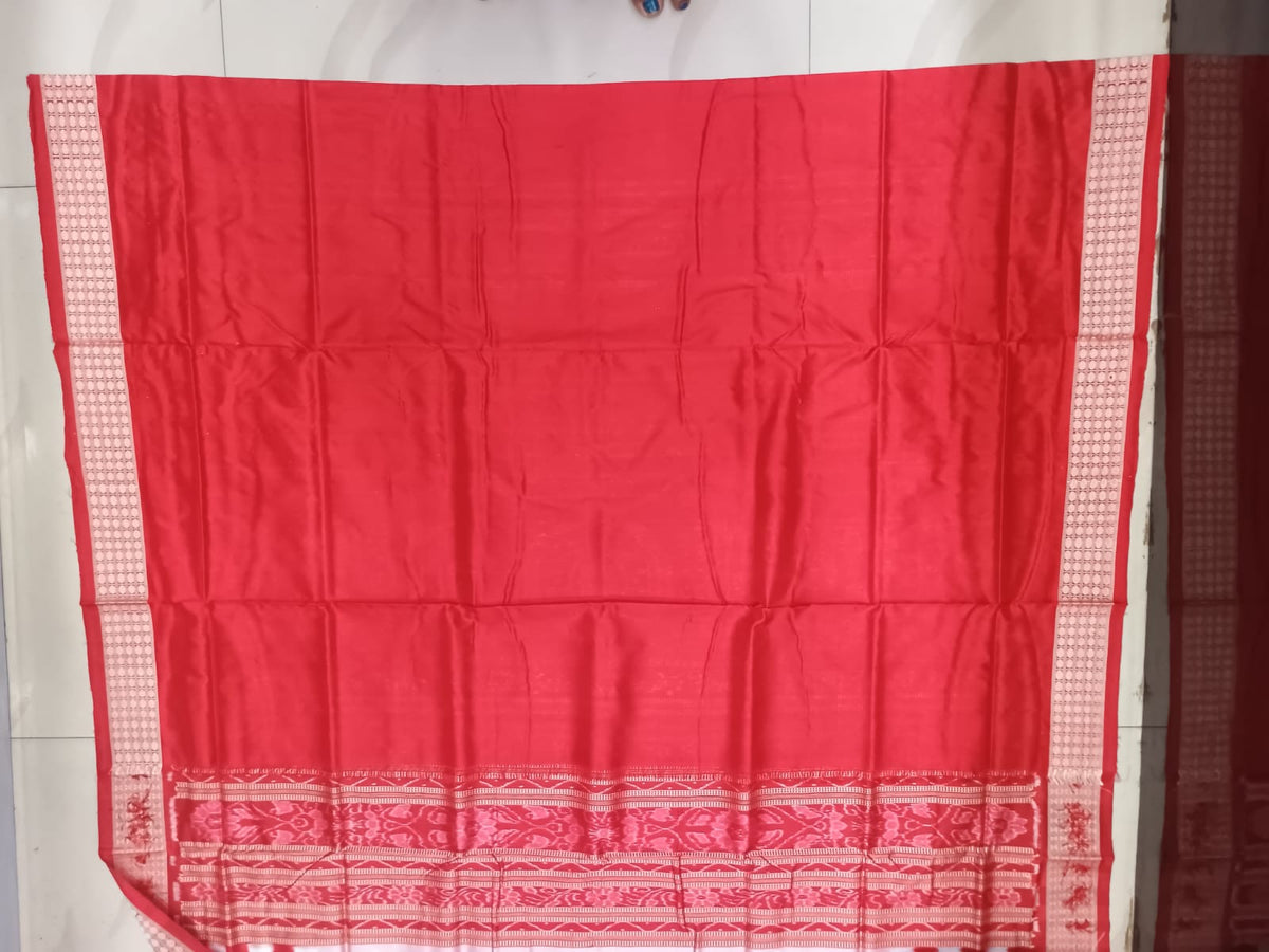 Rust Red and Chocolate Brown Handwoven Sambalpuri Bomkai Silk Saree with Tree of Life & Dance Motifs