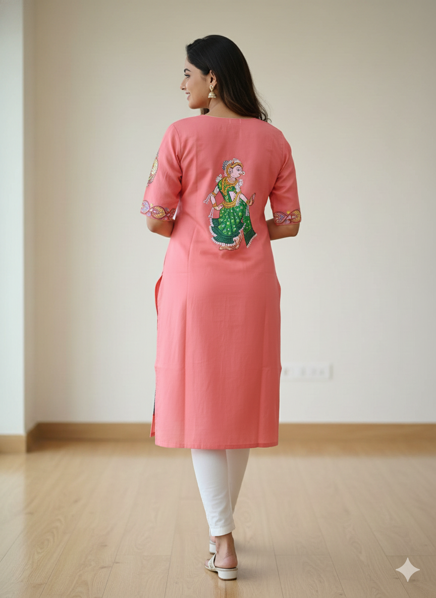 Peach Nabakeli Boita Theme Odisha Hand Painted Pattachitra Khadi Silk Kurti