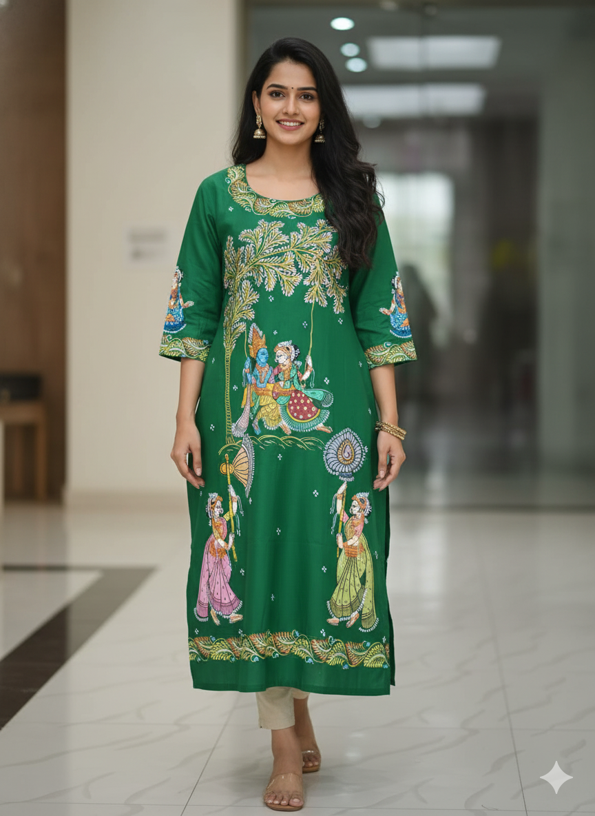 Green Radha Krishna Doli Theme Hand Painted Pattachitra Khadi Silk Kurti