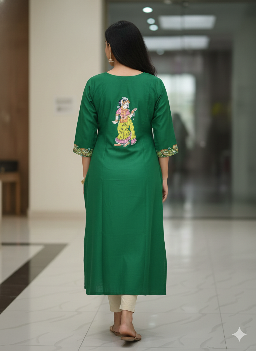 Green Radha Krishna Doli Theme Hand Painted Pattachitra Khadi Silk Kurti