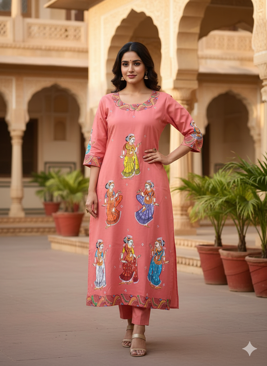 Peach Dancer Theme Hand Painted Pattachitra Khadi Silk Kurti