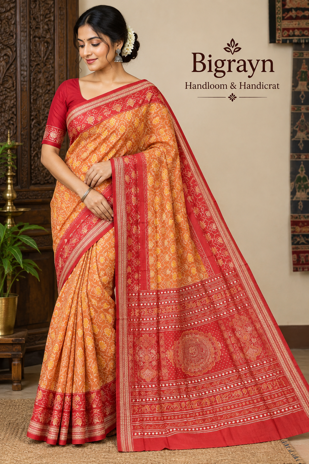 Rust Orange Red Lotus Design Sambalpuri Silk Saree