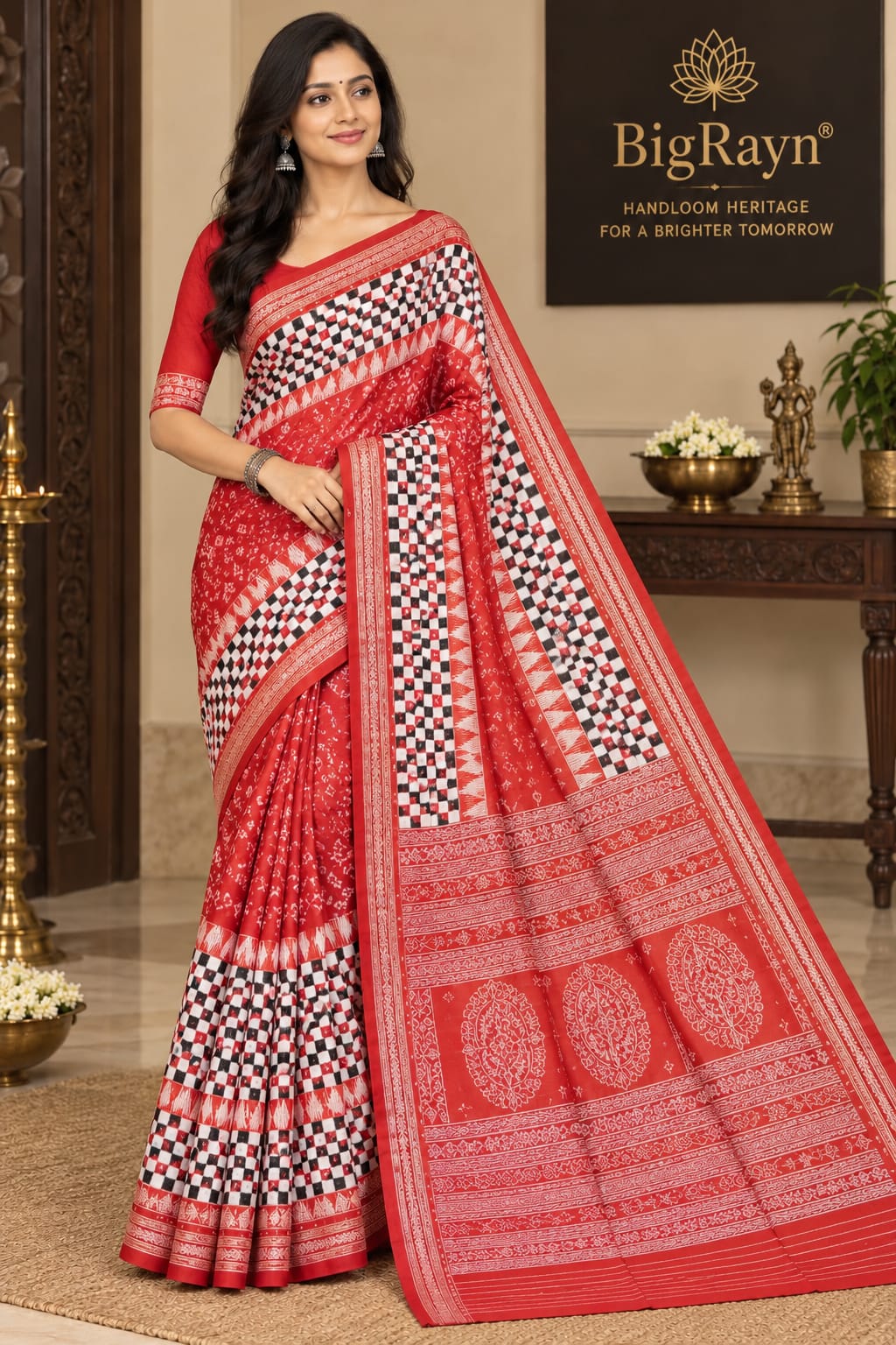 Red White Black Scot Pasapali Design Sambalpuri Silk Saree
