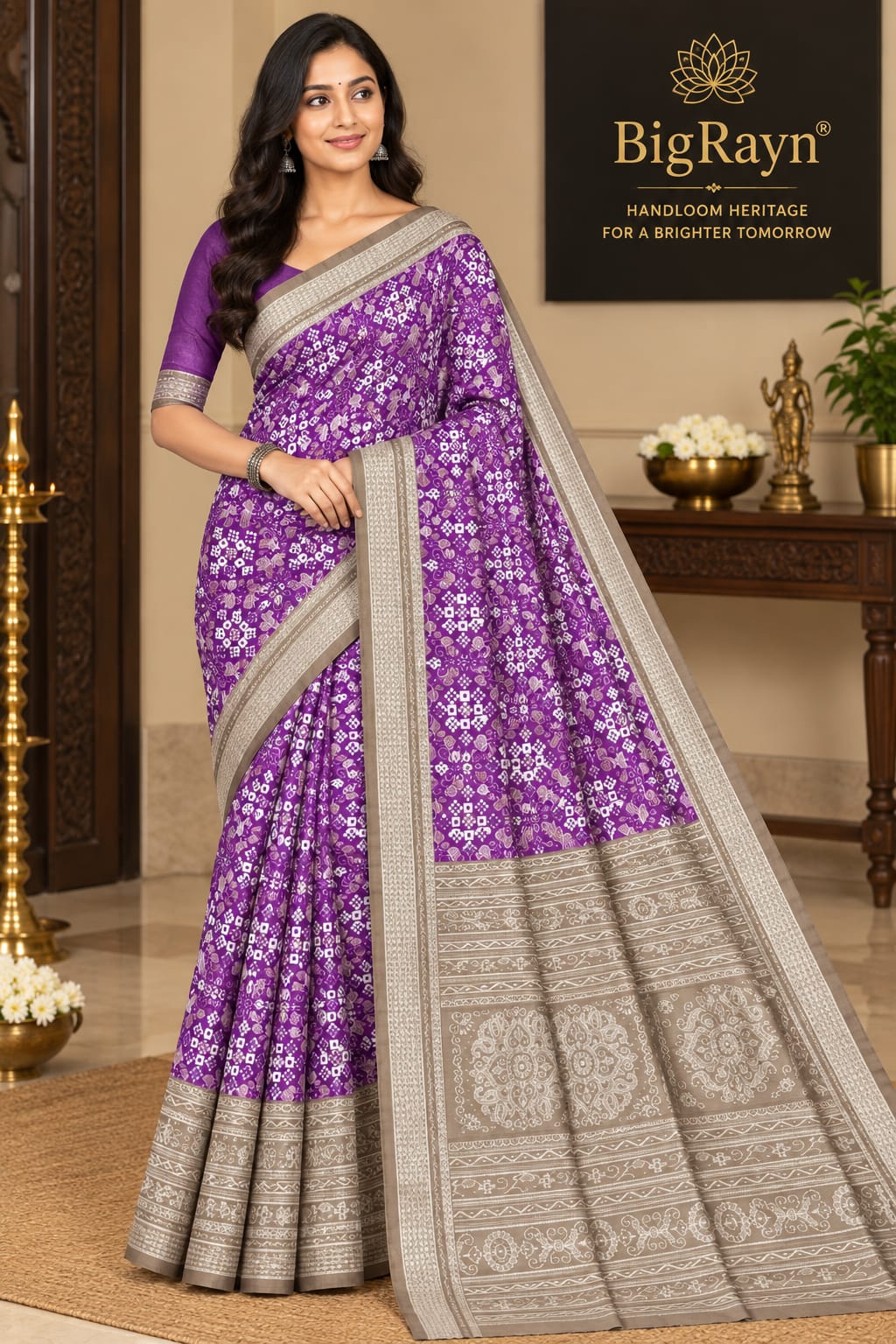Purple Olive Brown Pasapali With Birds Design Sambalpuri Silk Saree