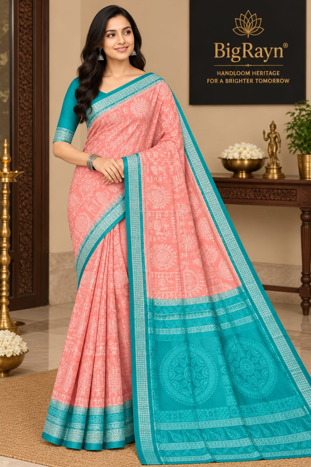 Peach Rama Green Tribal Design Sambalpuri Silk Saree